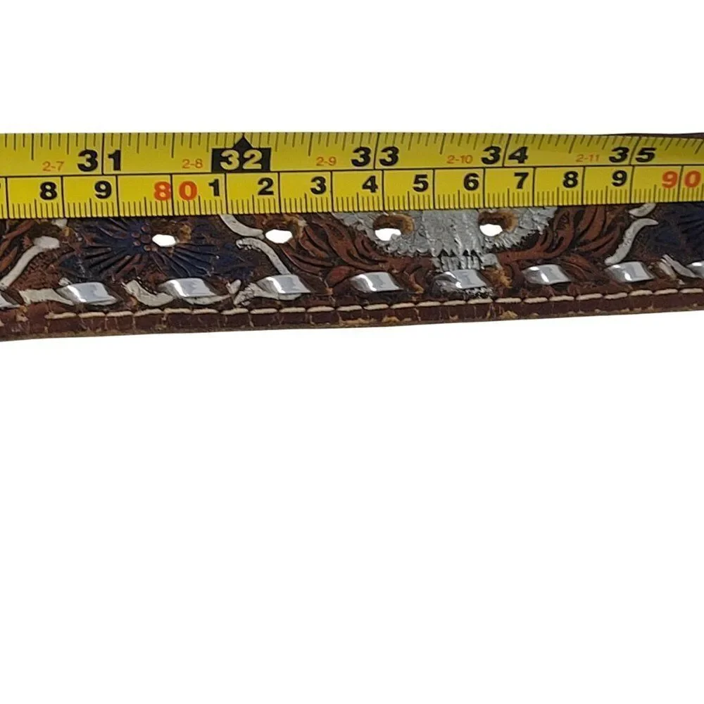 Handcrafted Brown Western Leather Belt Hand Painted Silver Eagle Embossing‎ 32